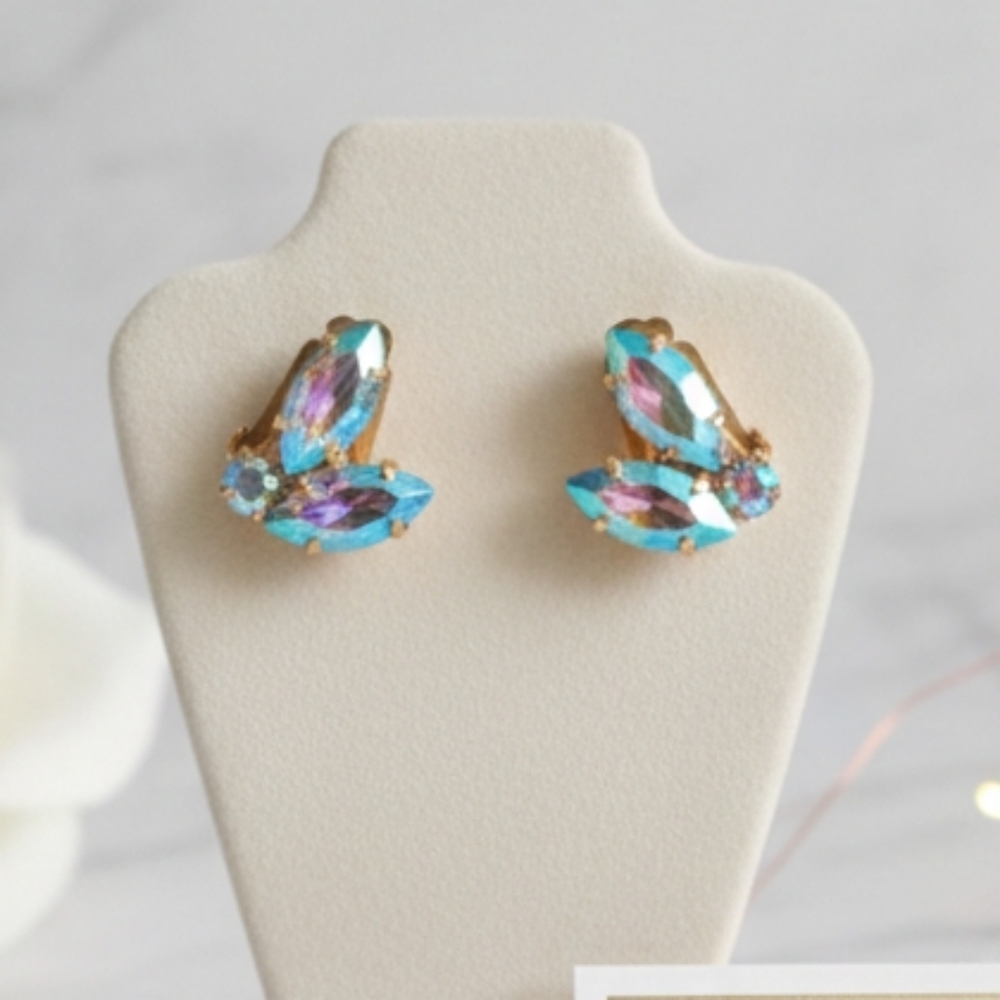 Vintage MCM Aurora Borealis Marquise Rhinestone Clip-On Earrings